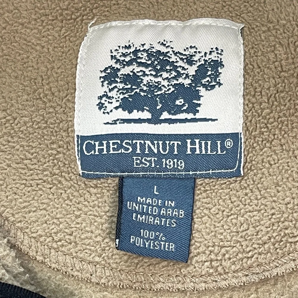 Chestnut Hill Shiner Beers Fleece Vest Sleeveless Zip Pockets Tan Black‎ Trim